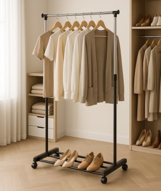 Uniwersalny wieszak stojący na ubrania z regulacją wysokości kółka ModernHome