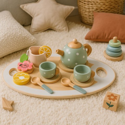 Drewniany zestaw do herbaty dzbanek filiżanki 14 elementów ECOTOYS