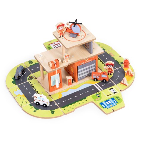 Drewniany garaż zestaw straży pożarnej 2w1 - remiza i wóz 2 piętra figurki pojazdy ECOTOYS