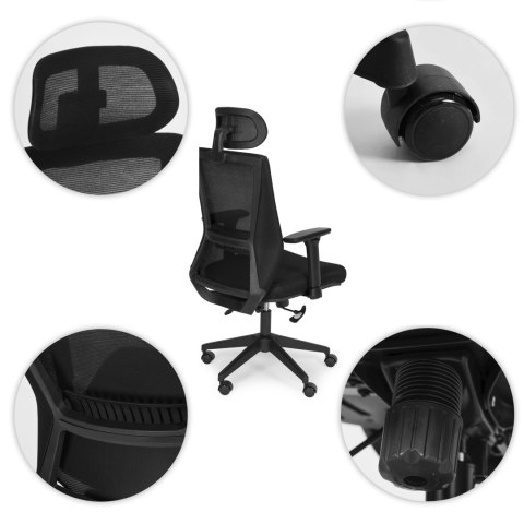 Fotel biurowy obrotowy wyprofilowane oparcie i zagłówek regulacja wysokości czarny ModernHome