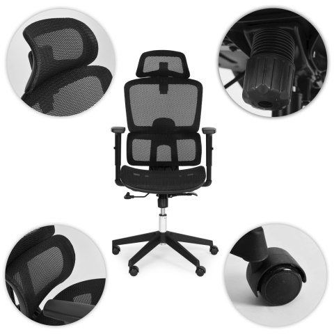 Fotel biurowy obrotowy wyprofilowane oparcie i zagłówek regulacja wysokości czarny ModernHome