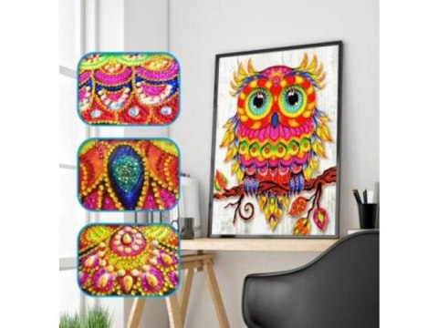 Haft Diamentowy, Obraz, Mozaika Diamentowa Diamond Painting, Kolorowa Sowa 30x40cm