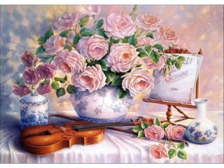 Haft Diamentowy, Obraz, Mozaika Diamentowa Diamond Painting, Bukiet Kwiatów, Skrzypce 40x30cm