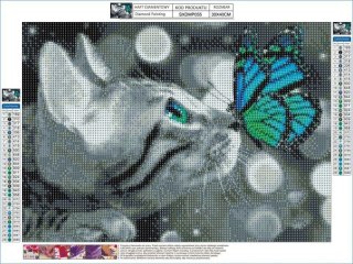 Haft Diamentowy, Obraz, Mozaika Diamentowa Diamond Painting, Kot Z Turkusowym Motylkiem 40x30cm