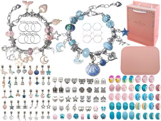 Zestaw Do Tworzenia Robienia Biżuterii, Bransoletek, Charmsy, Zawieszki, Koraliki Niebiesko-Różowy Mix + Etui