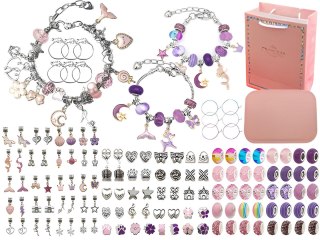 Zestaw Do Tworzenia Robienia Biżuterii, Bransoletek, Charmsy, Zawieszki, Koraliki Różowo-Fioletowy Mix + Etui