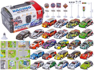Auta Resoraki 25 Szt. Samochody W Kuferku + Podkładka + Akcesoria, Zestaw Samochodów Wyścigowych