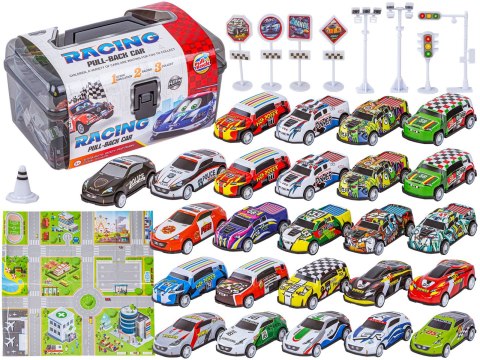Auta Resoraki 25 Szt. Samochody W Kuferku + Podkładka + Akcesoria, Zestaw Samochodów Wyścigowych