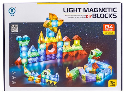 Klocki Magnetyczne, Konstrukcyjne, Świecące Elementy, Figury 3d 134 El.