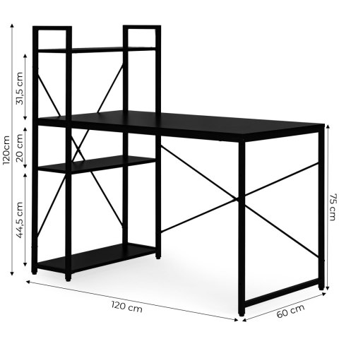 Biurko komputerowe szkolne 120x60 cm regał z 3 półkami czarne ModernHome