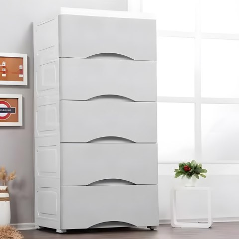 Regał z 5 wysuwanymi szufladami nogi z kółkami szary ModernHome