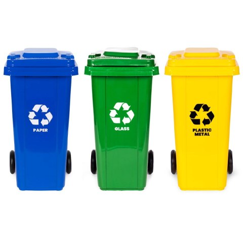 Zestaw 3 koszy na śmieci pojemniki 3x120L niebieski zielony żółty makulatura szkło plastik gumowe koła