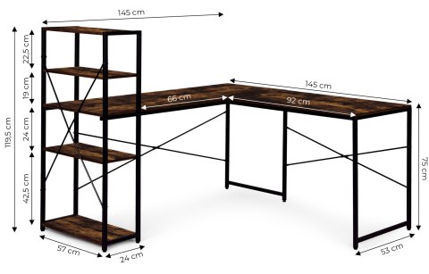 Biurko narożne z regałem 3 półki komputerowe postarzany orzech loftowe ModernHome