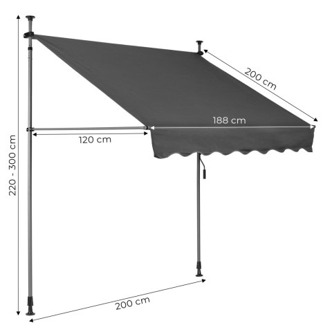Markiza przeciwsłoneczna balkonowa 200x120 cm regulacja wysokości wodoodporna korbka ręczna szara MultiGarden
