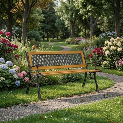 Drewniana ławka ogrodowa 126x51 cm z ażurowym oparciem i żeliwnymi nogami parkowa MultiGarden